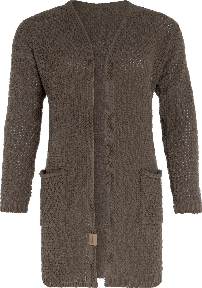 Knit Factory Luna Gebreid Vest Cappuccino - Gebreide dames cardigan - Middellang vest reikend tot boven de knie - Bruin damesvest gemaakt uit 30% wol en 70% acryl - 36/38 - Met steekzakken