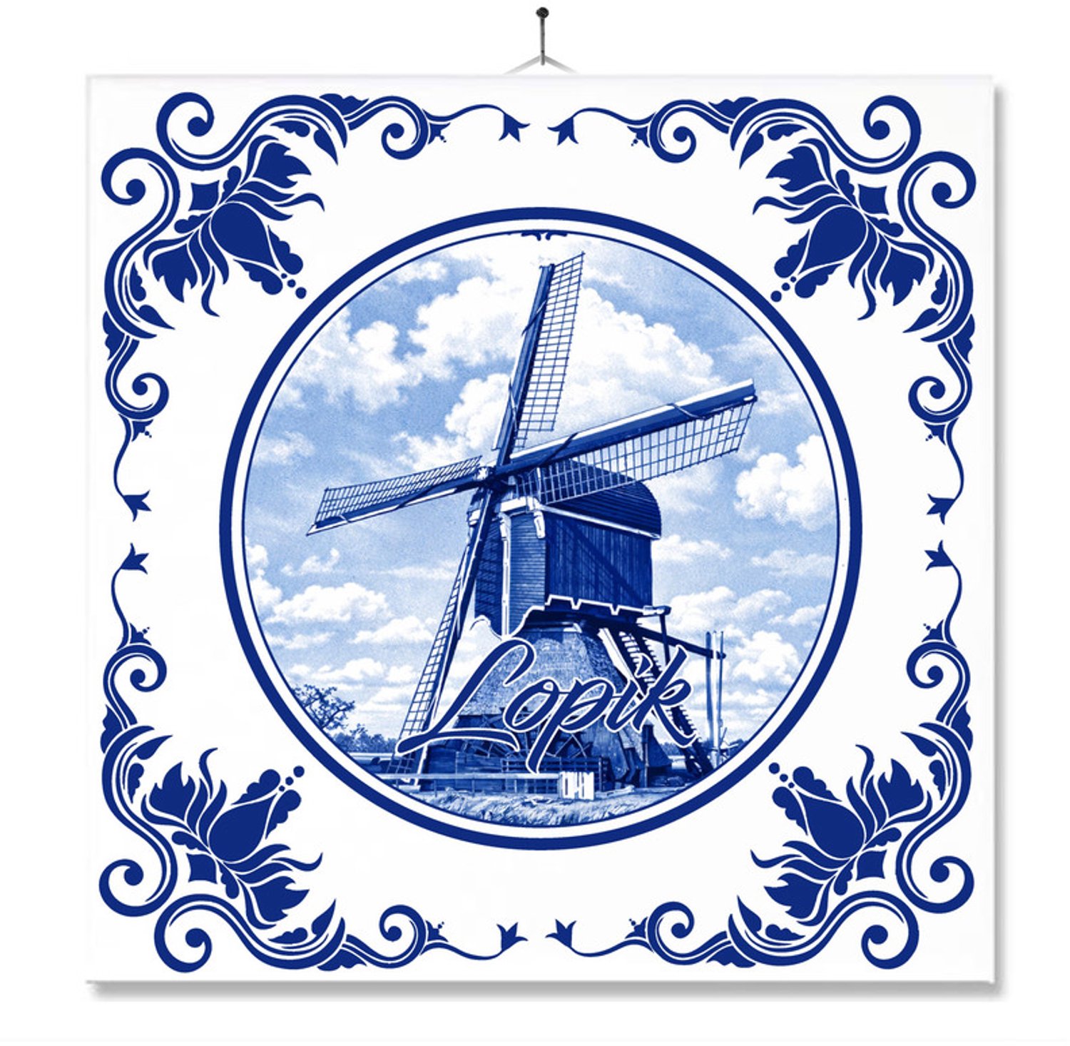 MC Living Tegel Met Opdruk | Lopik | Delft Blauw | Cadeau | Inclusief Geschenkdoos | Standaard | Ophangsysteem Ontwerp 1