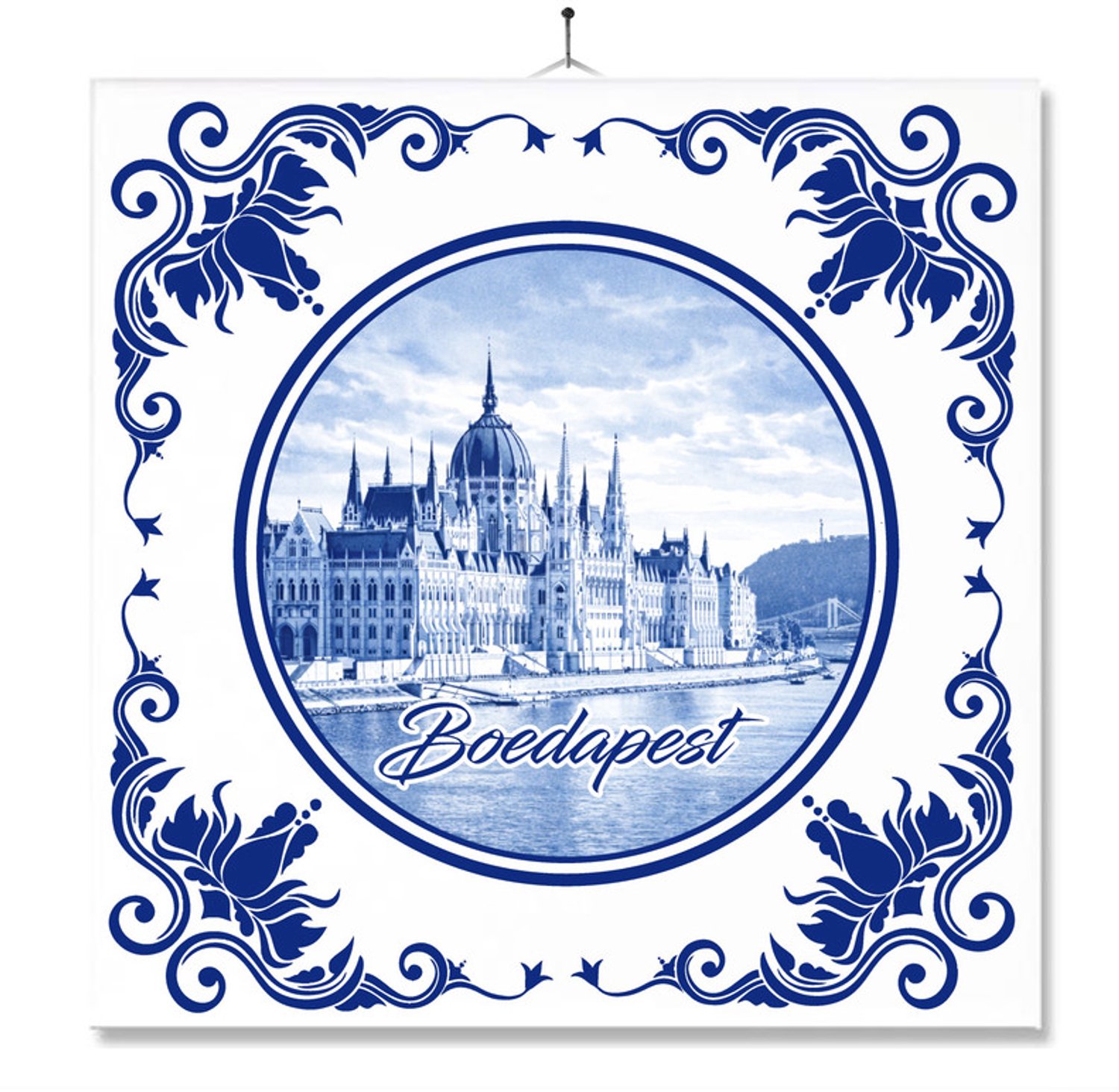 MC Living Tegel Met Opdruk | Boedapest | Delft Blauw | Cadeau | Inclusief Geschenkdoos | Standaard | Ophangsysteem Multi-Color