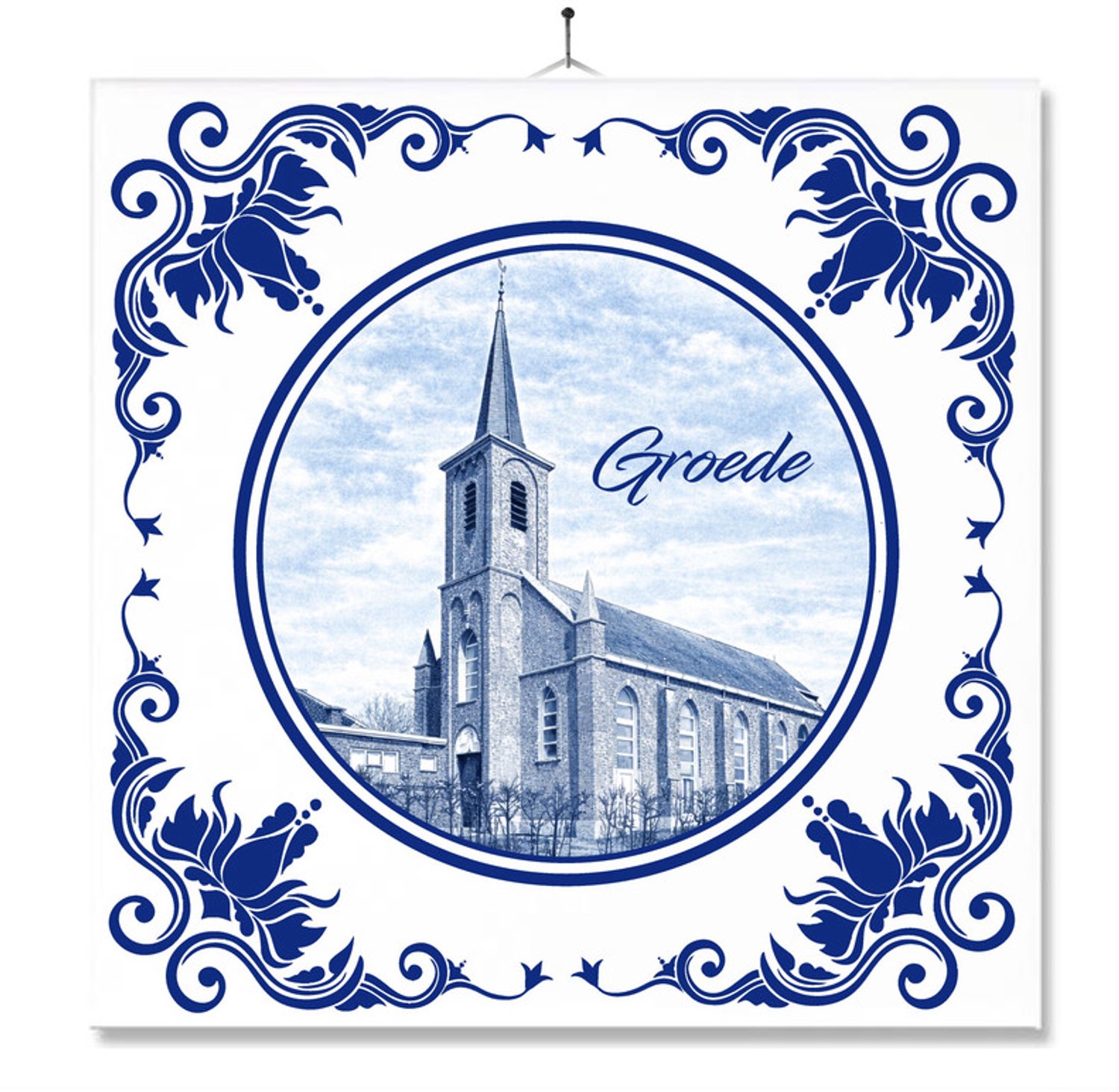 MC Living Tegel Met Opdruk | Groede | Delft Blauw | Cadeau | Inclusief Geschenkdoos | Standaard | Ophangsysteem