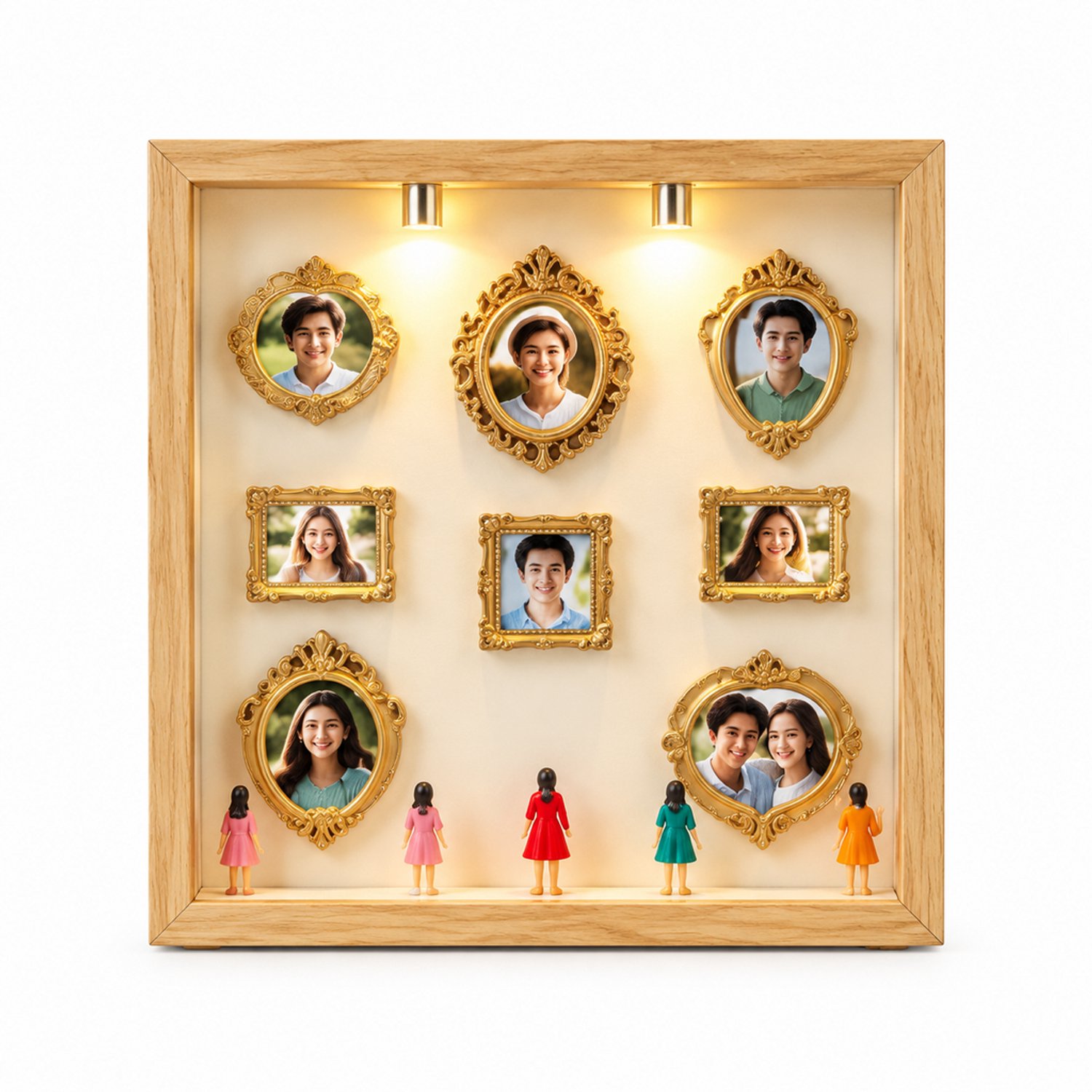 SWGOTA Naturelkleurige MDF-displaylijst, binnenmaat 20,3 x 20,3 x 3 cm, tafelmodel met 8 minilijsten, 8 willekeurige figuurtjes en 2 lampjes