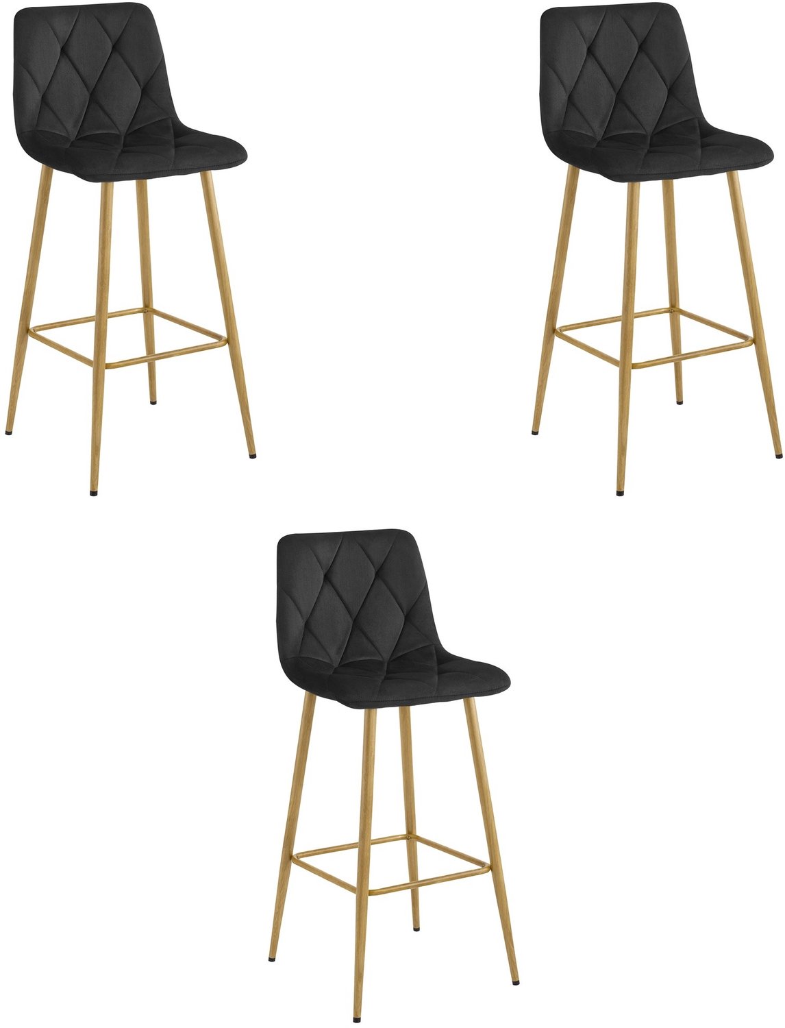 LEOBERT Set van 3 Barkrukken NADO – Zwart Velvet / Fluweel – Gestoffeerde Barstoelen met Rugleuning en Voetsteun – Metalen Poten in Eikenlook – Modern Design – Voor Keukeneiland, Keuken, Bartafel en Thuisbar