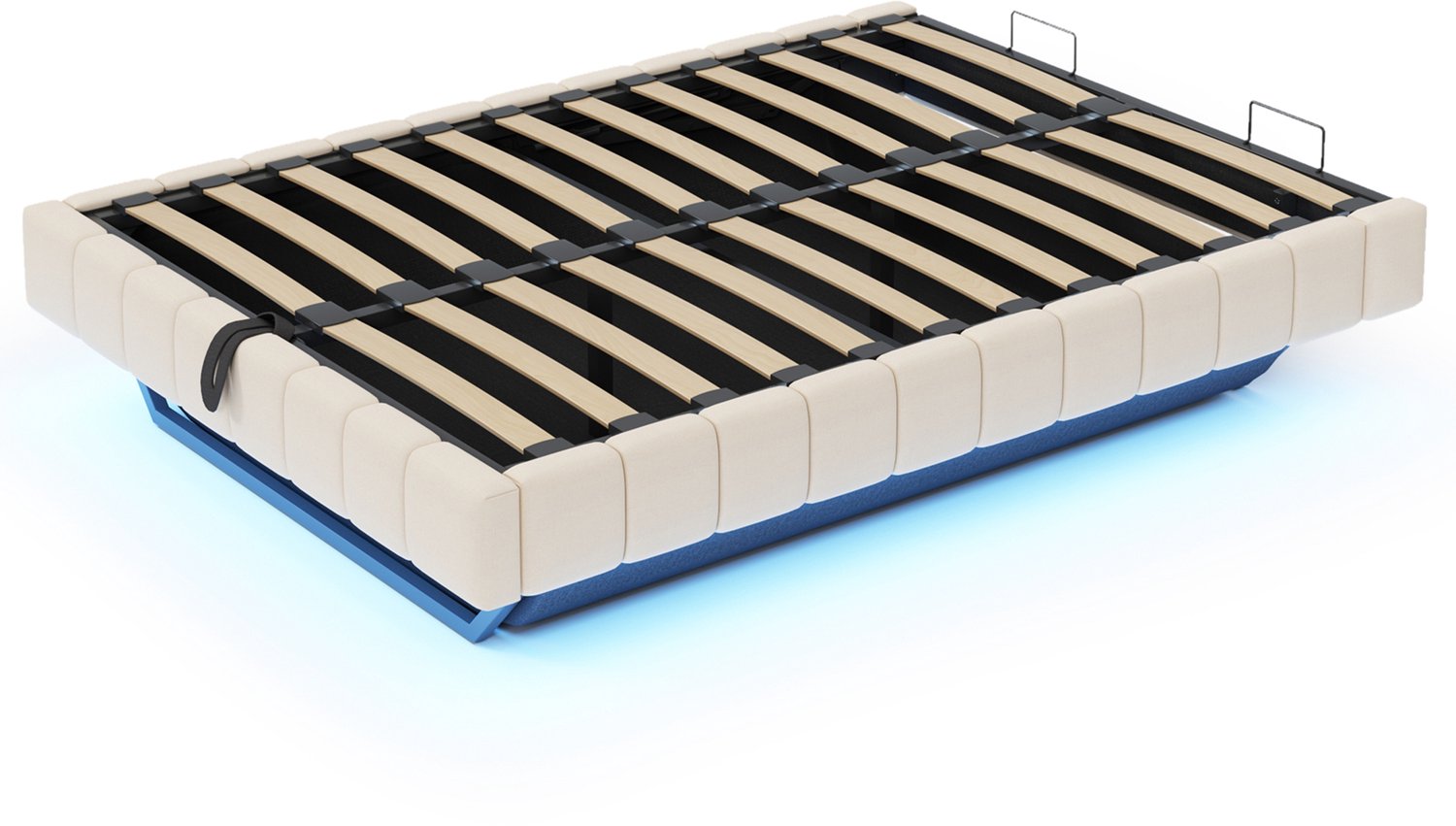 MUVANO Gestoffeerd bed 140x200 cm - zwevend bed met opbergruimte, kleurwisselende ledverlichting, linnen bekleding en metalen frame voor de slaapkamer Beige