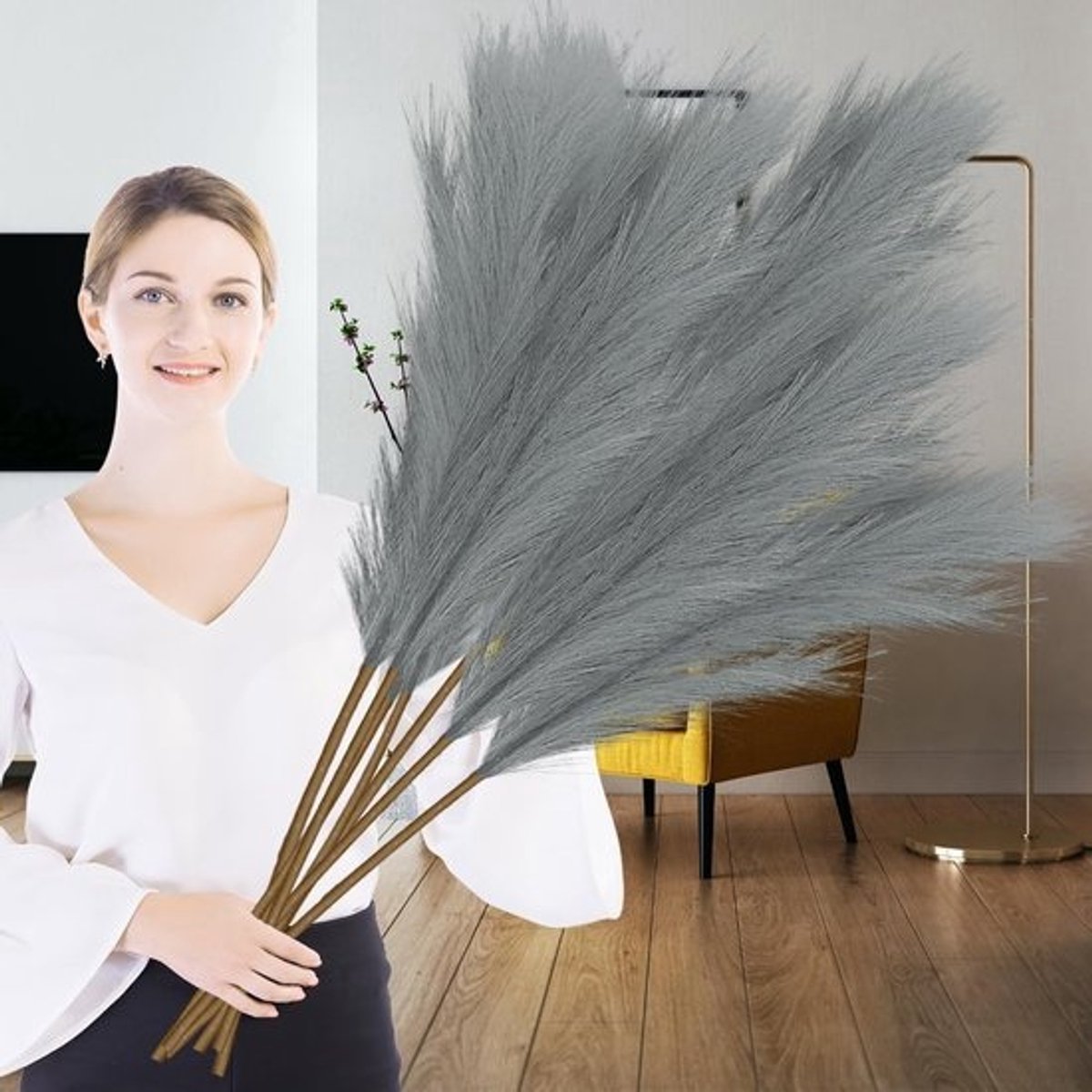 6 stuks kunstgras van 110 cm - Fluffy pampasgrassen voor boho-bruiloft en woondecoratie in grijs
