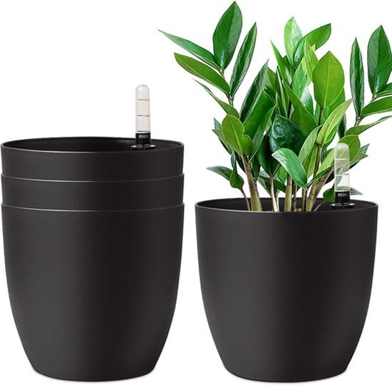 Bloempot - met waterreservoir - Set van 4 - Zwart - 22 cm