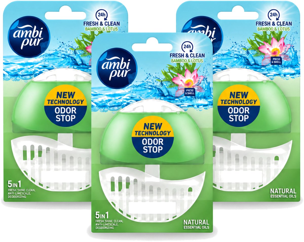 3 x Ambi Pur - Toiletblok - Starterkit 5in1 - Bamboe & Lotus - Toiletblok - 55 ml - Voordeelverpakking - 3 stuks