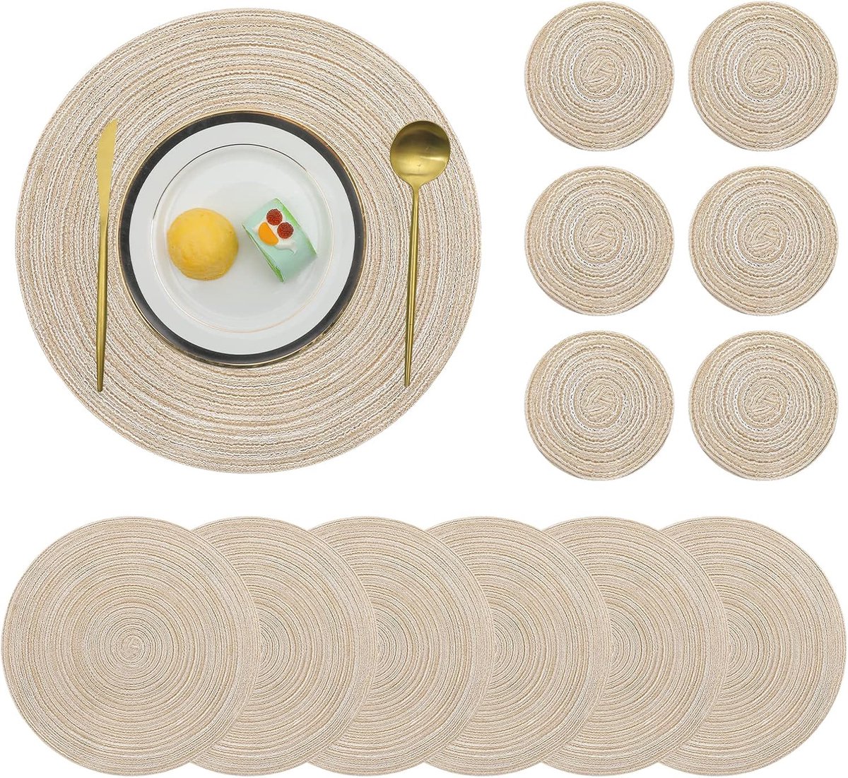 SnelShoppen - Set van 6 Ronde Katoenen Tafel Ondermatten en Coasters - Hittebestendig, Antislip, Makkelijk Schoon te Maken - Ideaal voor Eten, Feesten
