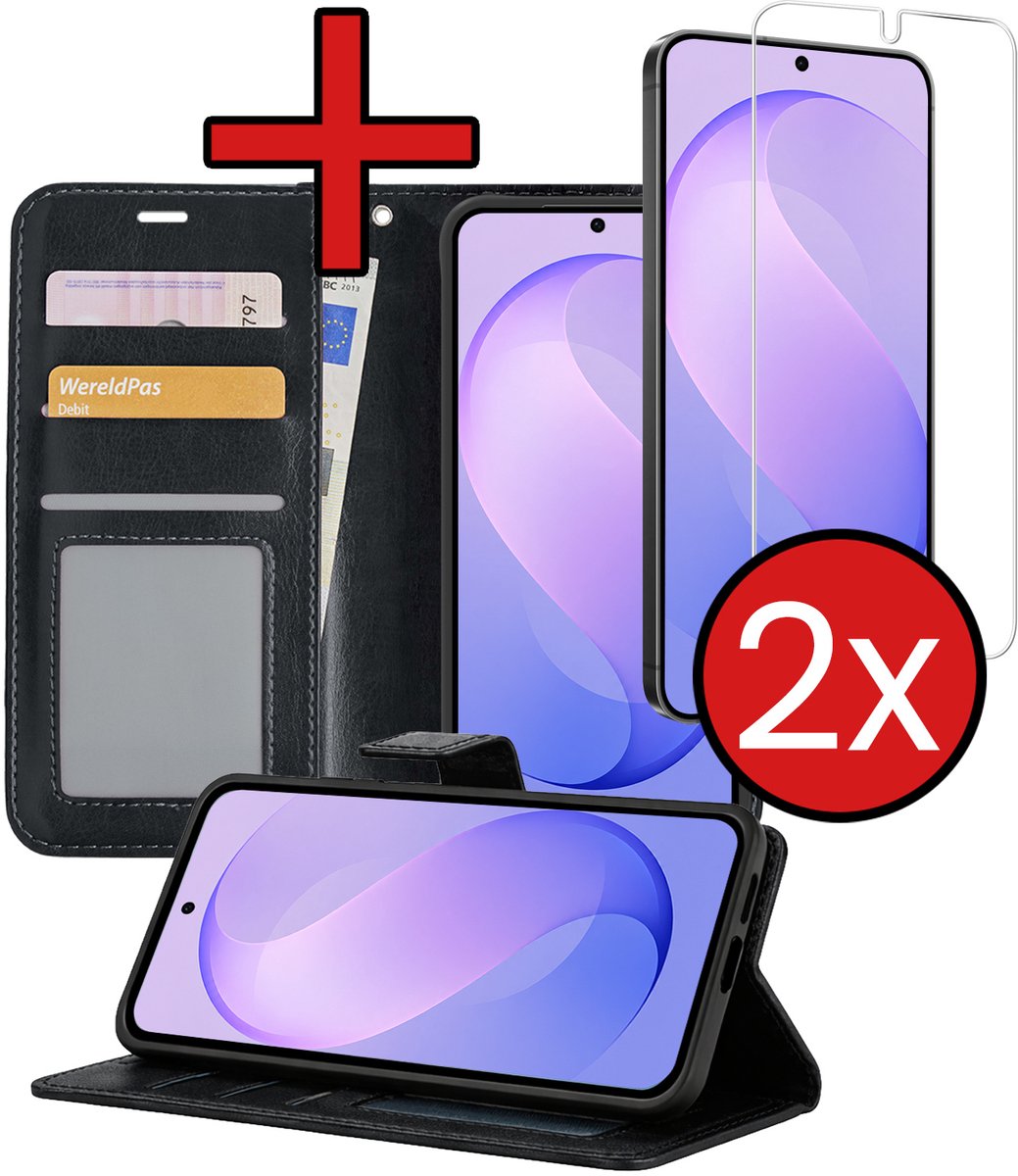 Hoesje - Met 2x Screenprotector - Geschikt voor Samsung Galaxy S26 FE - Luxe Pasjeshouder - Flip Case - Bookcase Portemonee - Kunstleer Book Case - Flipcase Hoes - Book Cover - Walletcase - Portemonneehoes - Telefoonhoes - Zwart
