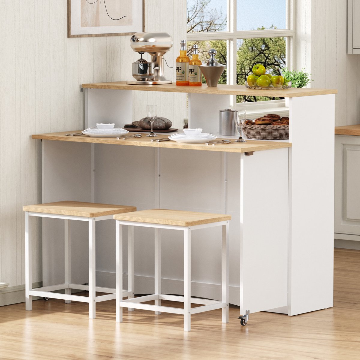 WUVRIE - Keukeninsel 110x34-68x97,5 cm - Uitklapbaar werkblad, opbergruimte en 2 krukken - Wit