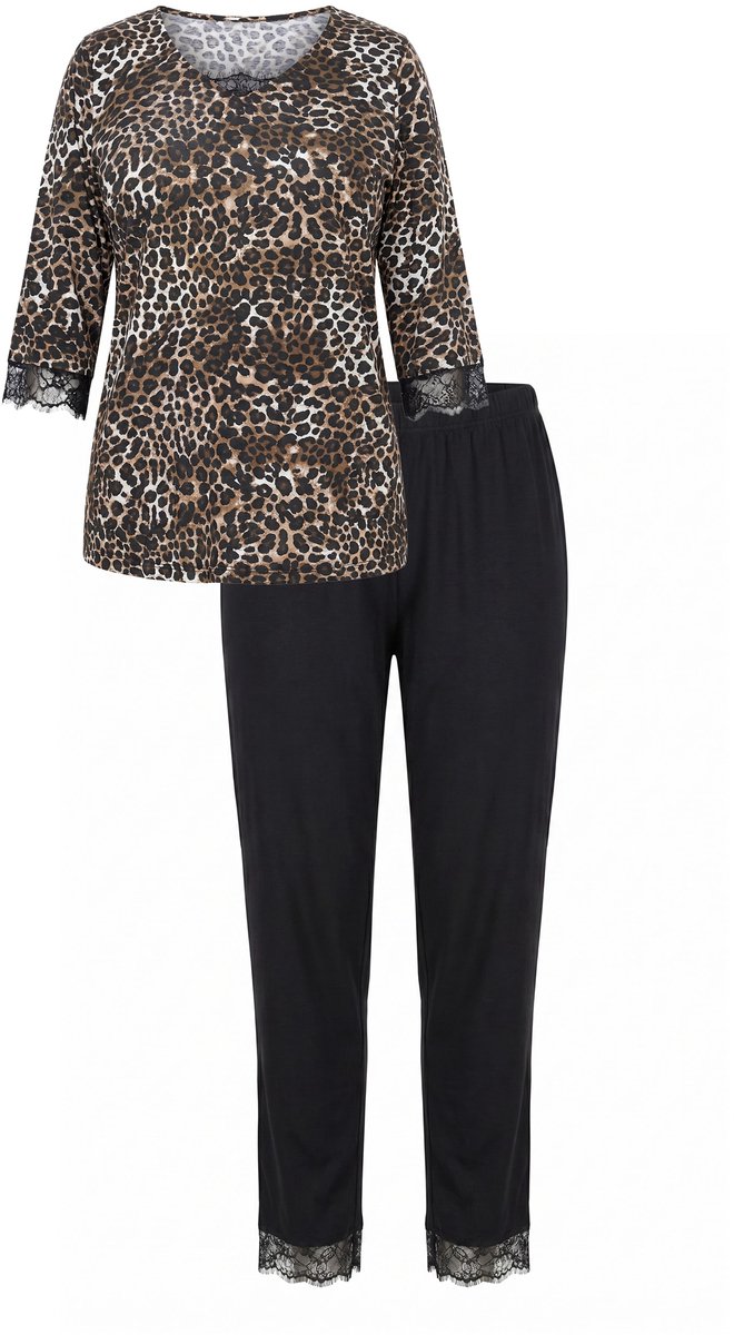 TruYou Dames - Pyjama tweedelig top met luipaardmotief kant effen broek - Zwart - Maat 42+