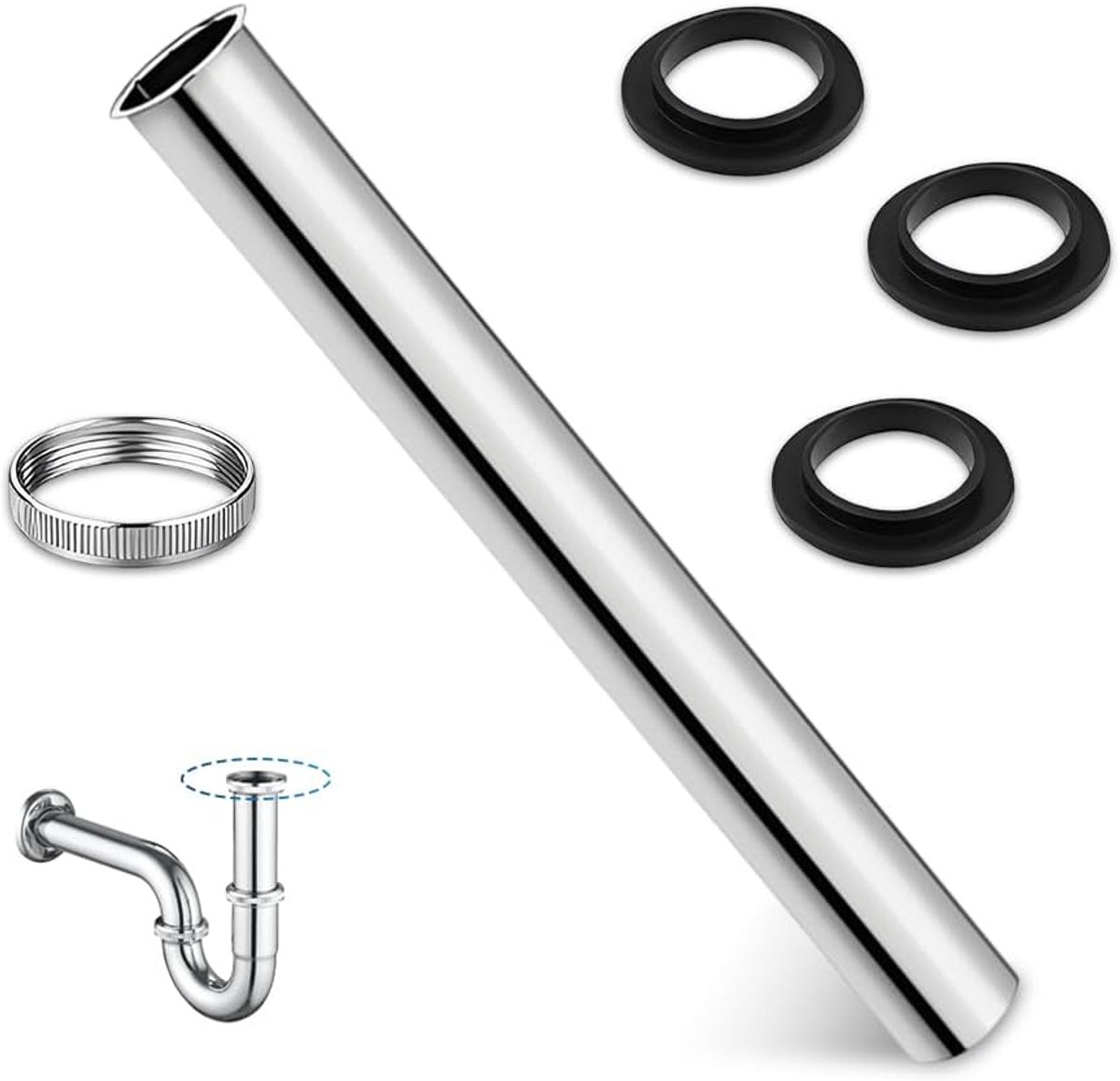 Dompelbuis voor sifon 300 mm, verlenging voor wastafel, met 1 moer en 3 afdichtringen, buissifon voor keukengootsteen - ShopVlot