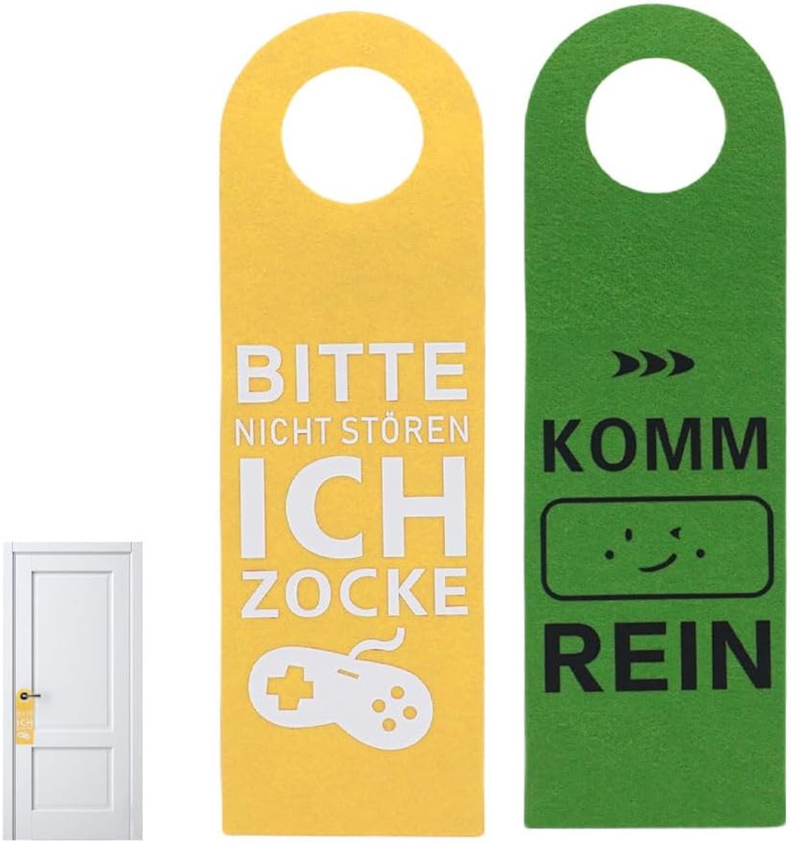 Deurhanger "Do Not Disturb" in geel-groen met gamer graphics en smiley gezichten, perfect voor gamers en tienerkamers