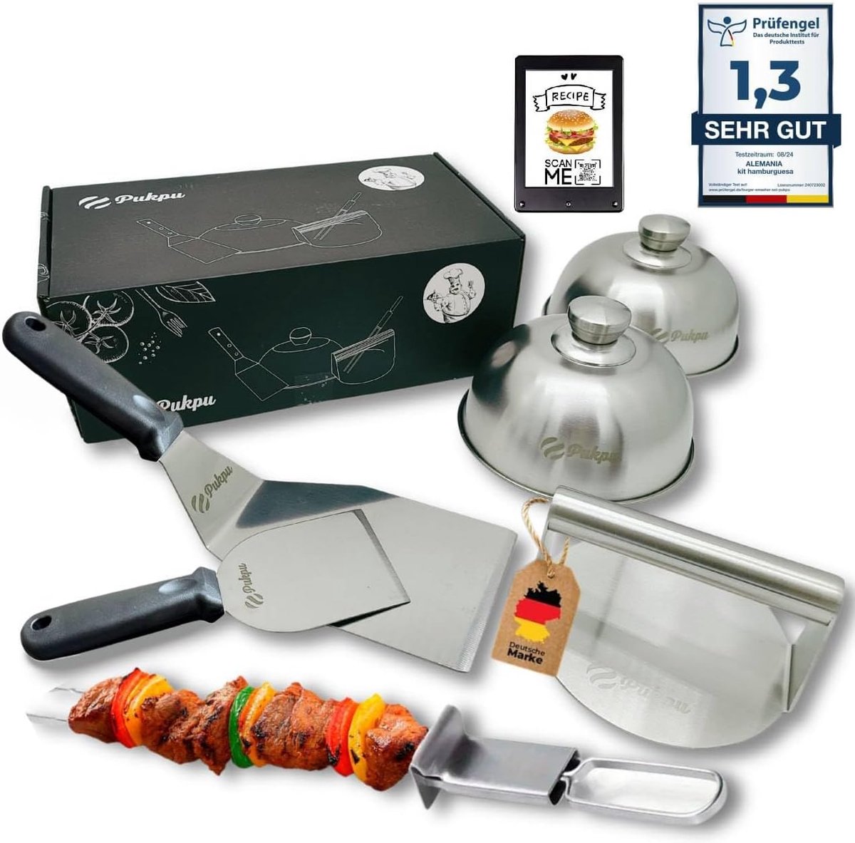 SnelShoppen - Smash Burger Set – 6-Piece BBQ & Grill Tools met Burger Press, Smasher, Melting Bells, Spatula & Skewer – Perfect voor Grillen, Tuinfees