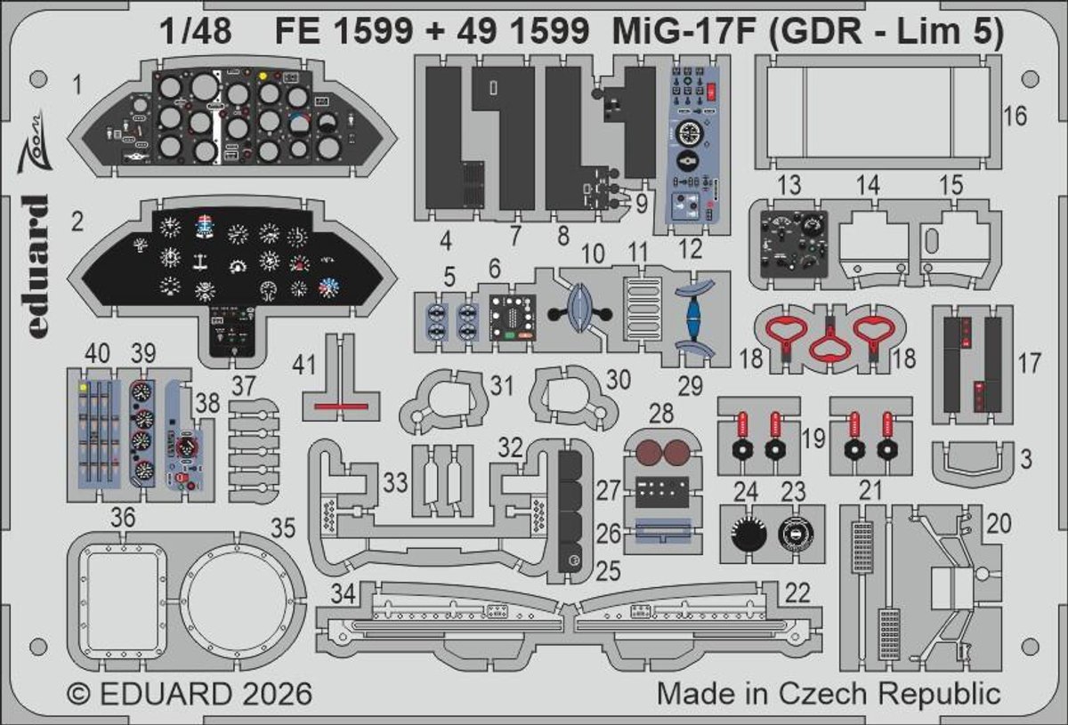 Eduard Modelbouwdecoratie - FE1599 ZOOM - Accessoires Set voor Mikoyan-Gurevich MiG-17F (GDR Lim-5) - Photo-etch