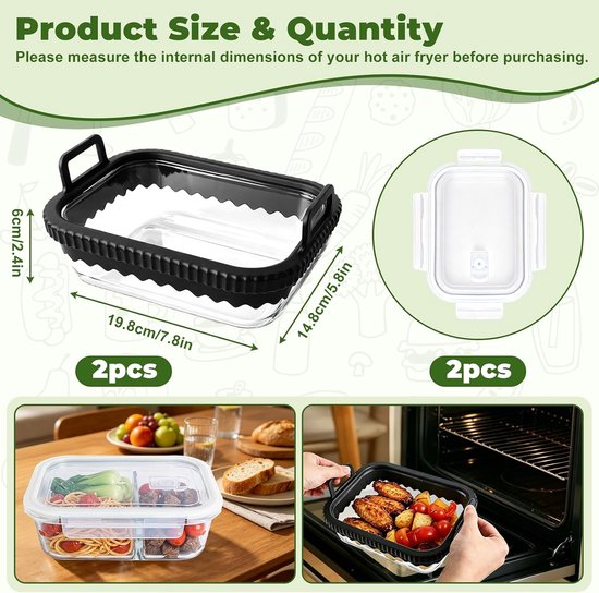 Fryer glazen container, ovenschaal van glas met deksel, siliconen handgrepen en afneembare siliconen ring, airfryer voor Airfryer Ninja AF400EU AF451EU AF500EU — afbeelding 2