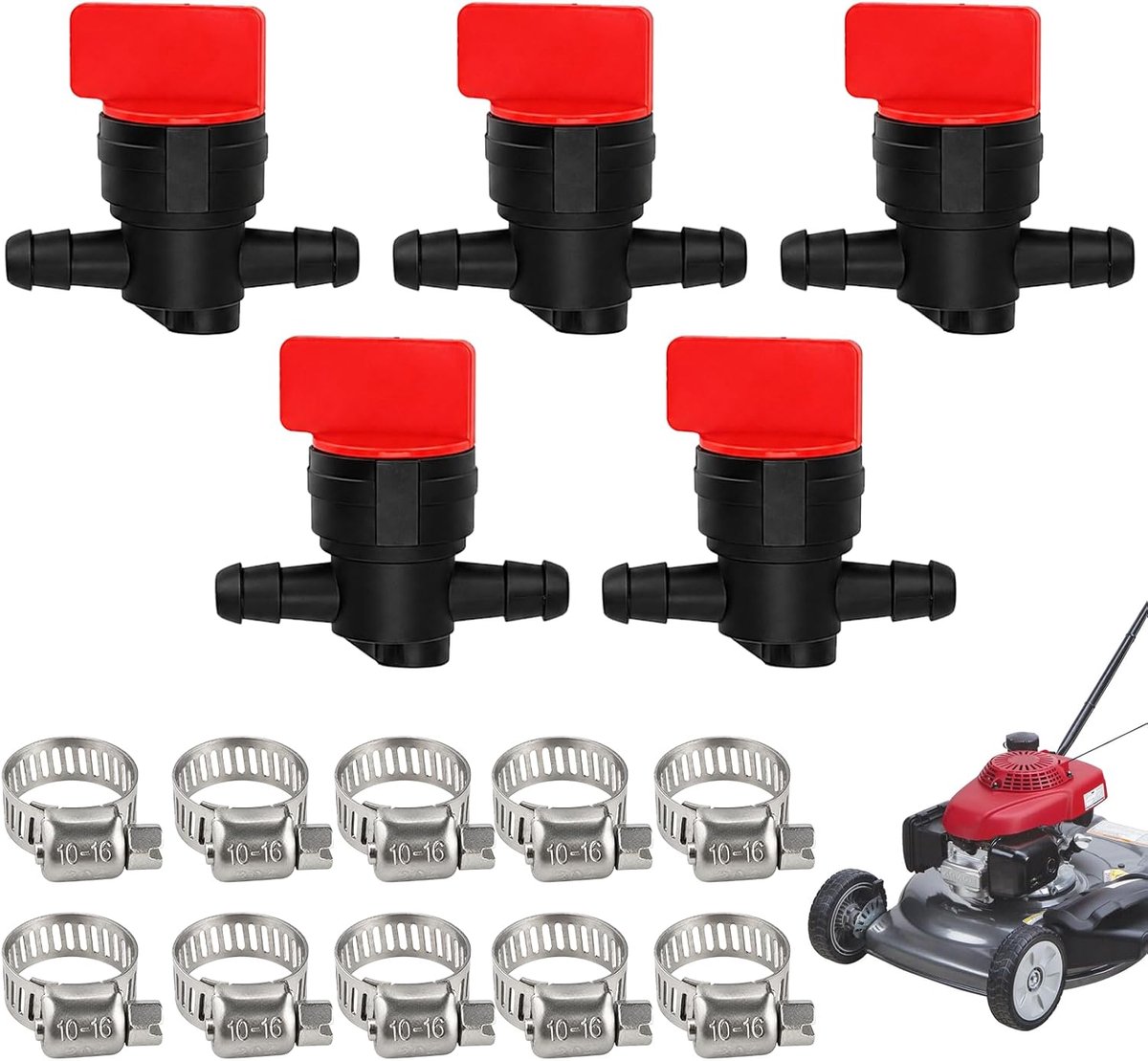 benzinekraan 8 mm - 1/4 inch kunststof - 5 stuks met 10 slangklemmen - universele reserveonderdelen voor motoren - ShopVlot