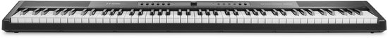 Lang zwart MAX Rhapsody DP88S digitaal pianokeyboard met 88 toetsen.