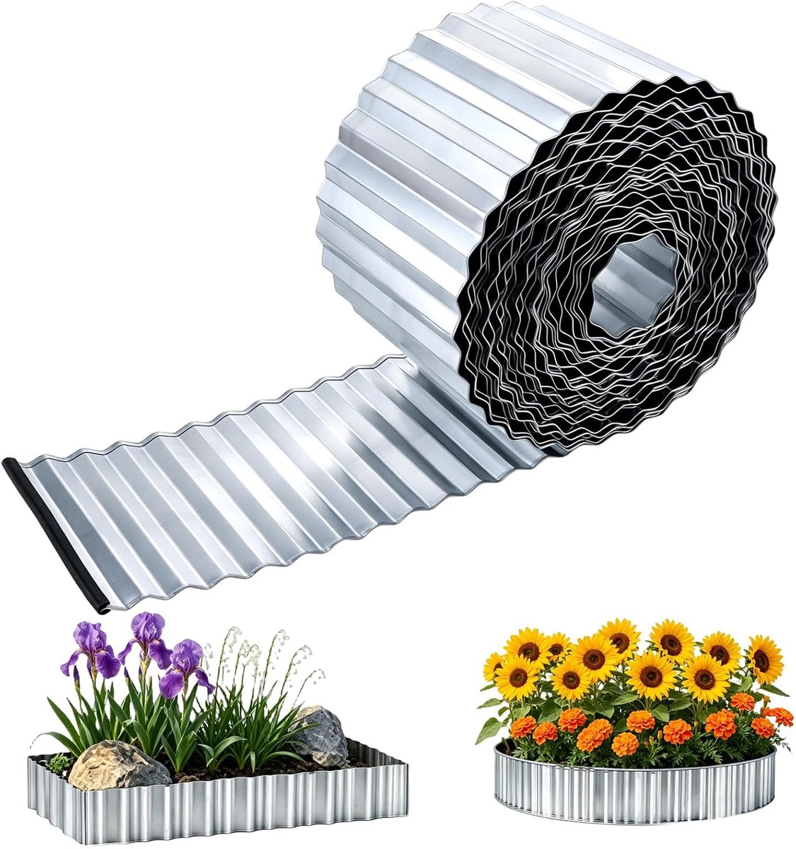 Gazonrand, metaal, 15 m, bloembedrand, metaal, 15 cm hoog, gazonranden, golvende handschoenen, flexibele bloembedrand - ShopVlot