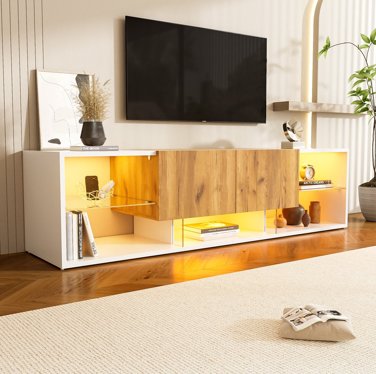 WUVRIE Tv-meubel 160x40x42 cm - 2 lades, glazen plank en dimbare ledverlichting - Wit/naturel