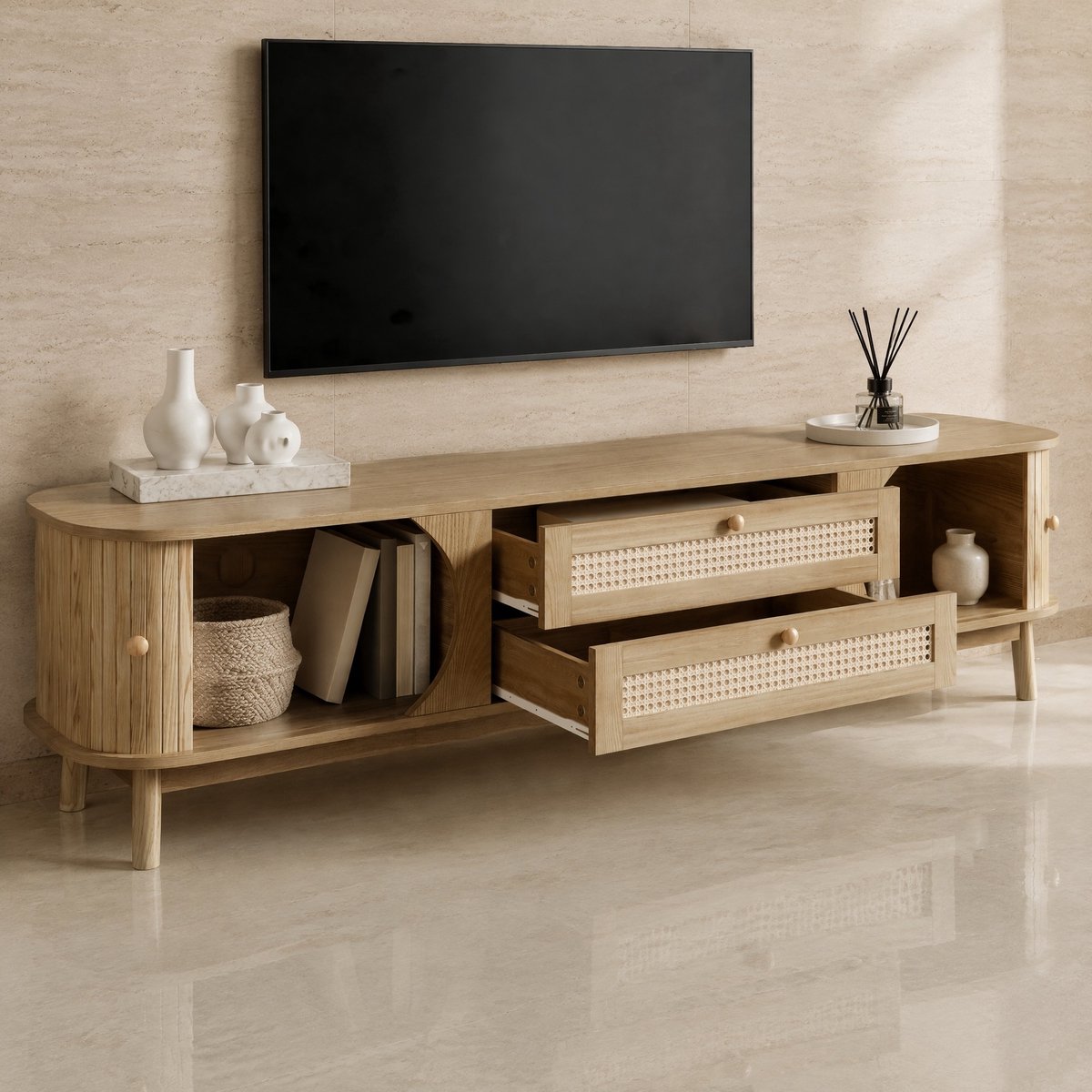 WUVRIE Tv-meubel 170 cm - 2 deuren en 2 lades met rotan - Naturel