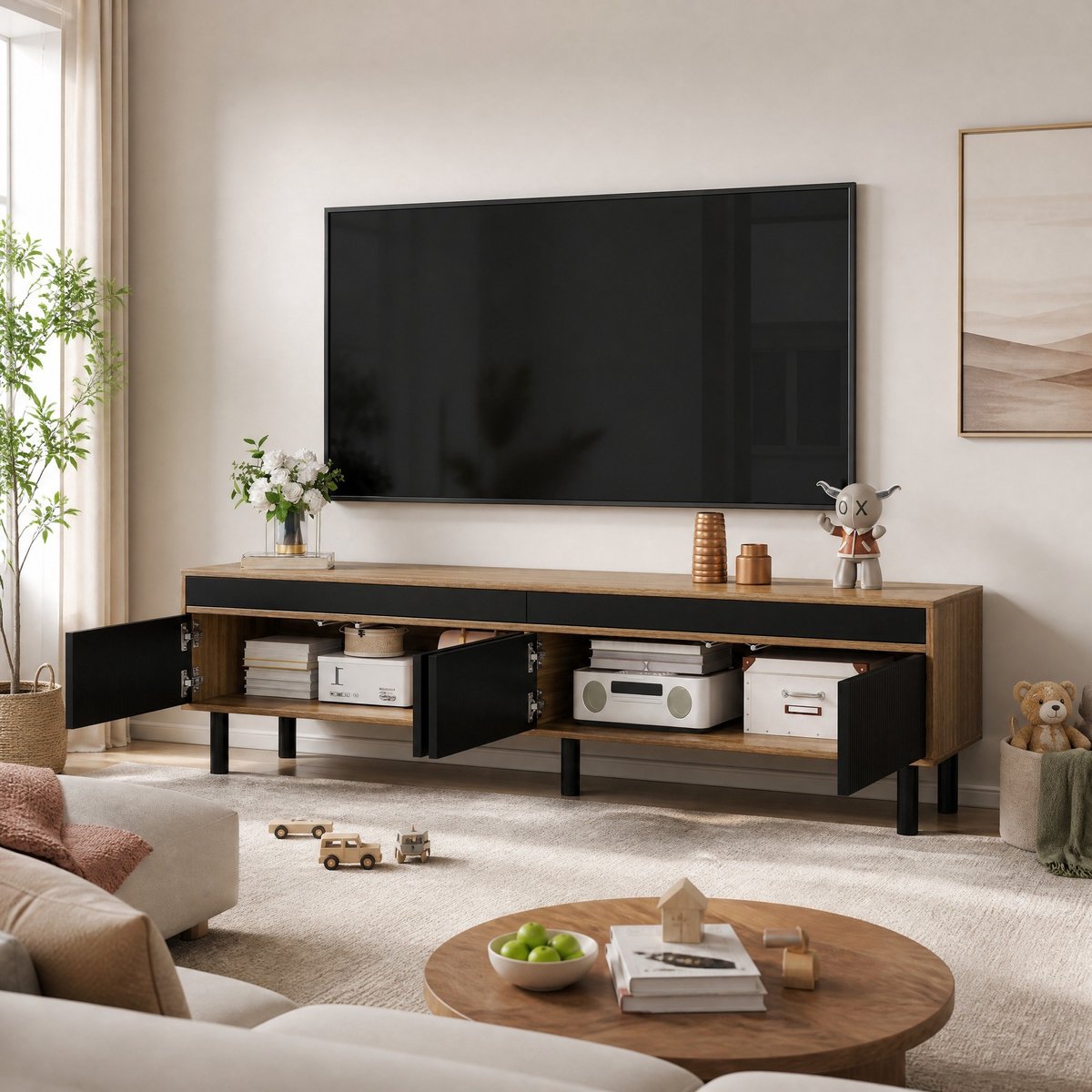 WUVRIE TV-meubel 170 x 38 x 47 cm - 4 deuren met drukopeningssysteem en kabelopeningen - Zwart/naturel
