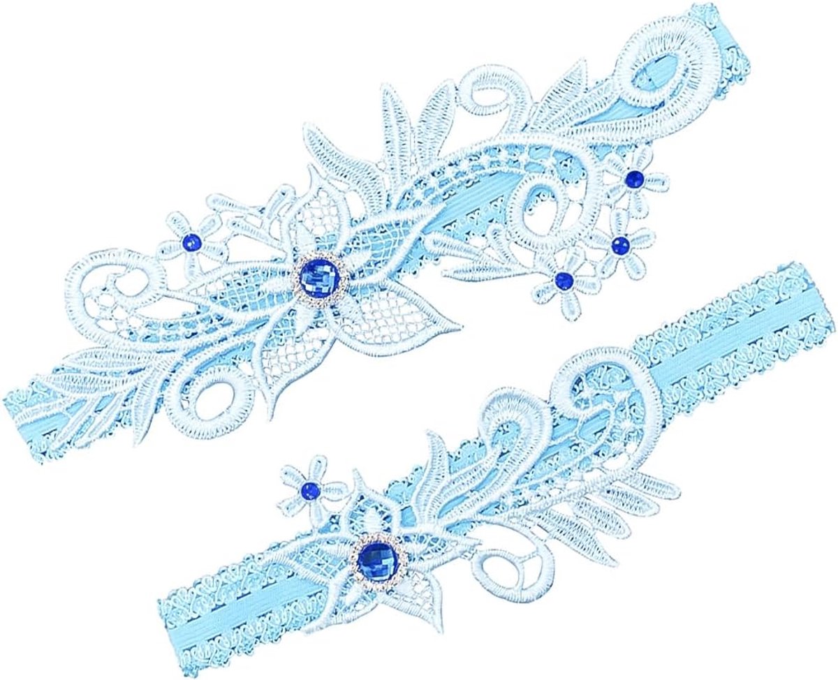Stuks bruidsjarretellen voor de bruid, witte kanten jarretellen, jarretellen met bloemenmotief en blauwe strass-steentjes, bruidsjarretellenset voor bruiden en vrouwen, blauw