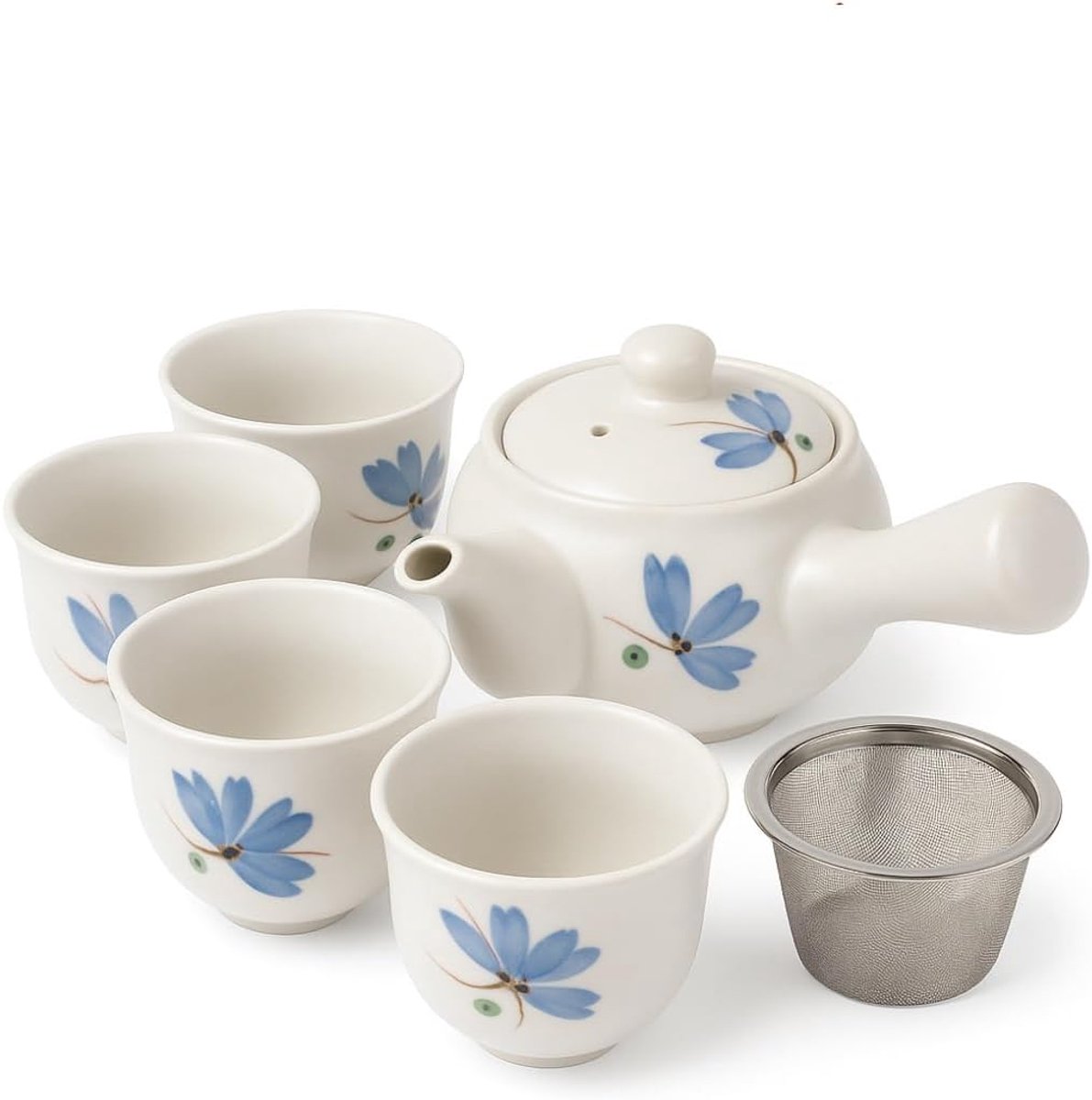 Kyusu Japanse theeset - zijgreepkan (320 ml) met roestvrijstalen zeef & 4 theekopjes (110 ml) – authentieke cadeauset voor groene thee incl. biologische sencha uit Japan (Rindō)