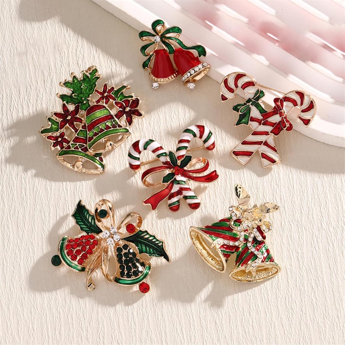 6 stuks kerstbroche set, kledingaccessoires, met kerstsnoepjes en belletjesdesign, kerstkledingaccessoires, voor feestdecoratie