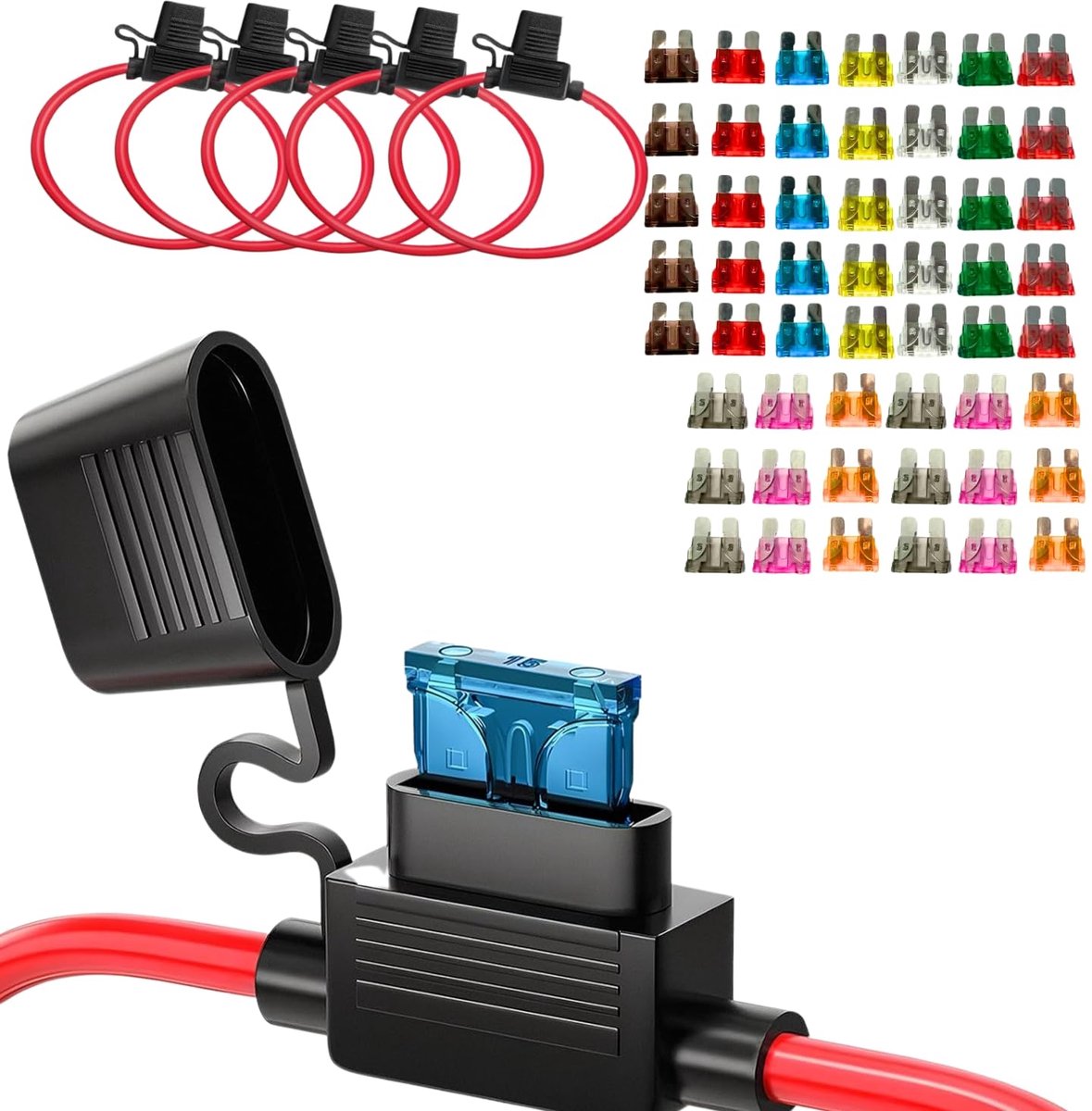 5 stuks 12 AWG zekeringhouders 12 V inline waterdicht - auto platte zekeringhouders set met 50 platte zekeringen (10 A-40 A) - ATO/ATC, compatibel met auto, vrachtwagen, motorfiets, camper, boot