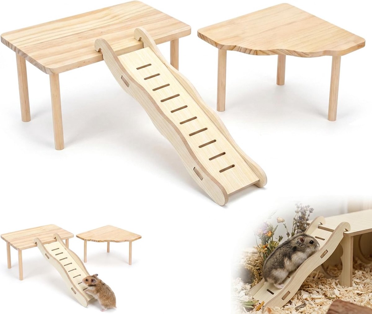 3-delig hamsterplatform van massief hout voor dwerghamsters