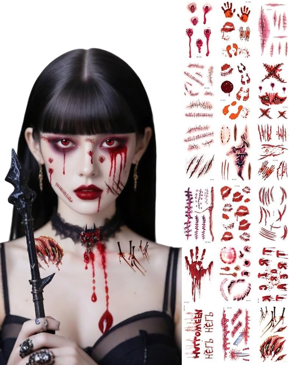 18 stuks Halloween-gezichtstatoeages, afwasbaar, realistische littekenontwerpen, huidvriendelijk en zonder resten verwijderd, perfect voor griezelige kostuums en veilige feesten