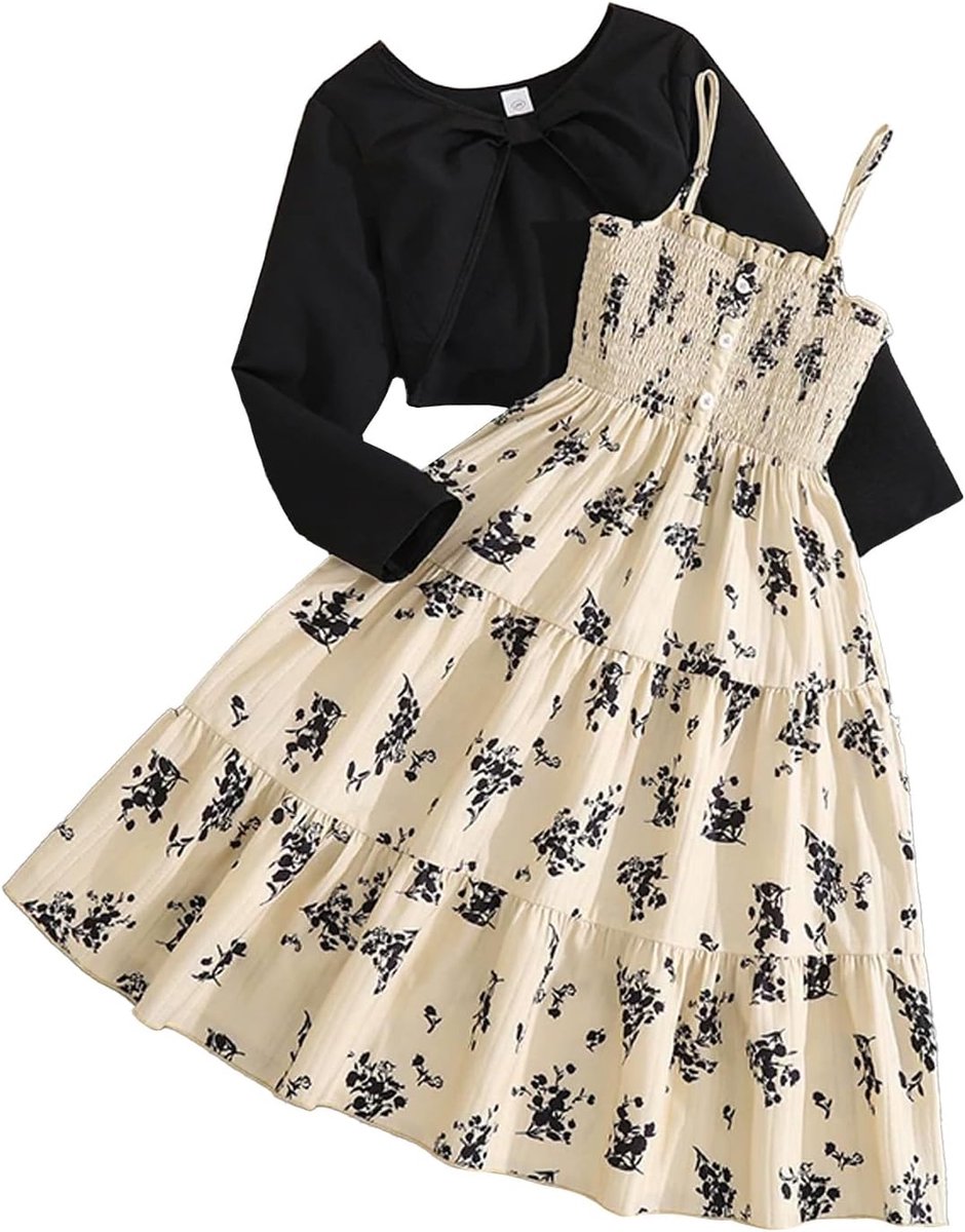 Bloemenjurk voor meisjes, met gebreide jas, 2-delige A-lijn, outfit, 7-12