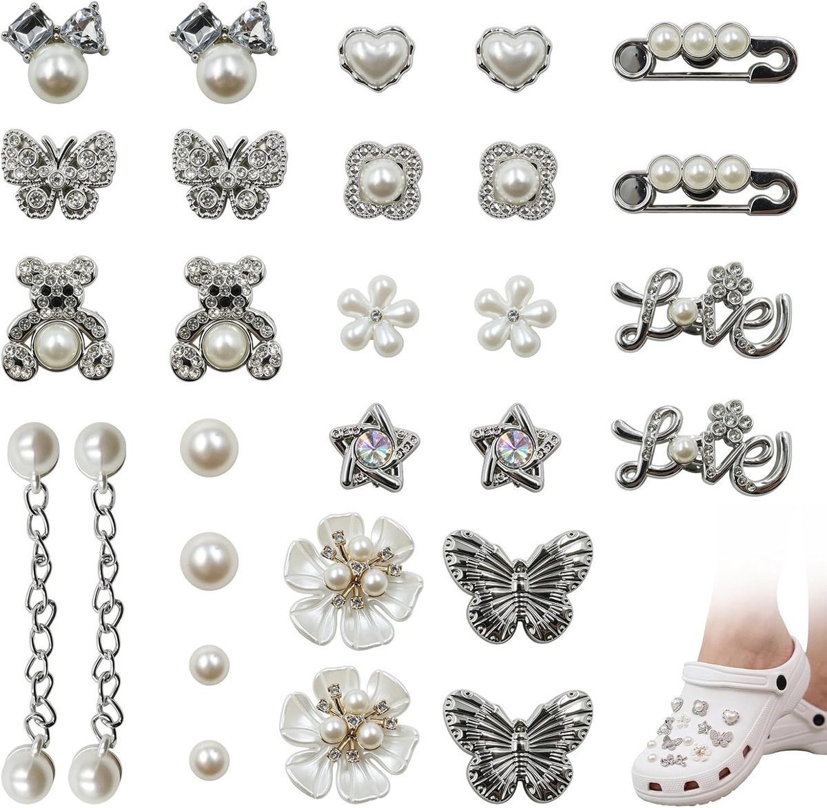 Bedels met knopen, glanzende hangers, doe-het-zelf schoensieradenset, afneembaar pvc, stekker met bloem, parel, vlinder voor klompen, sandalen, tassen, voor meisjes en dames