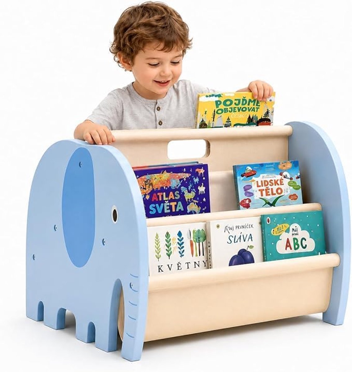 Boekenkast voor kinderen, van hout, boekenkast met 4 niveaus voor kinderkamer, draagbaar kinderboekenrek met handvat, schattig olifantendesign, kinderrek, boekenopslag voor speelkamer