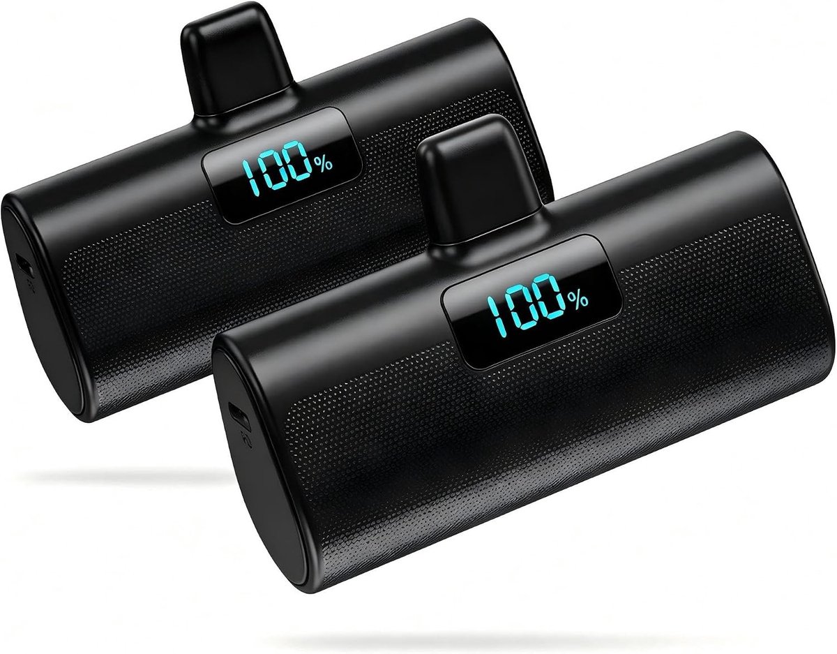 2 Pack Externe Batterij 5200mAh Mini Powerbank met 20W PD Snelladen en LCD Scherm, Ultra Compacte Draagbare Oplader voor iPhone 14/13/12/11/XR/X/8/SE (Zwart + Zwart)