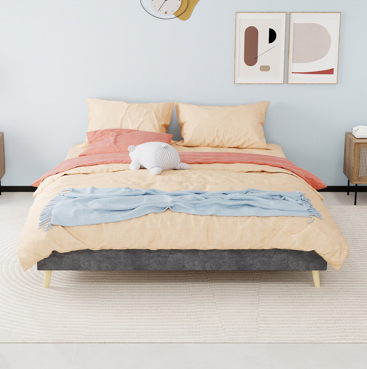 REDOM Tweepersoonsbed - Platformbed met lattenbodem - Inclusief matras - Zonder hoofdbord - Stof en metaal - Grijs - 160 x 200 cm