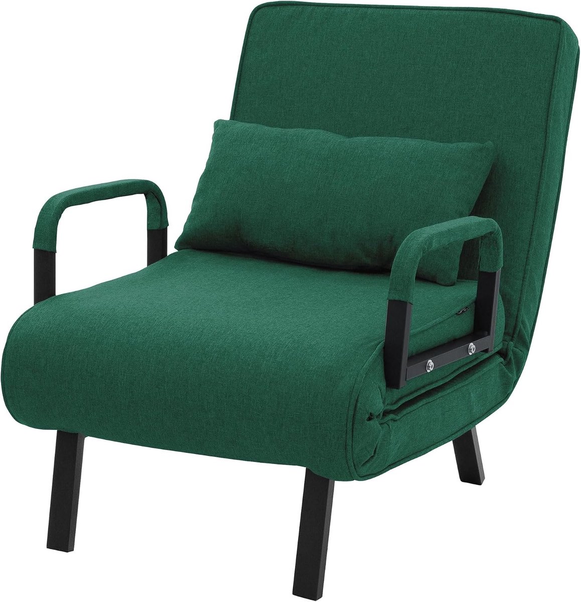 Slaapstoel Inklapbaar 3 in 1, Uitklapbare Slaapfauteuil en Klapbank, Fauteuil met Verstelbare Rugleuning, Opvouwbare Slaapbank en Logeerbed met Stalen Frame en Chenille Bekleding Donkergroen