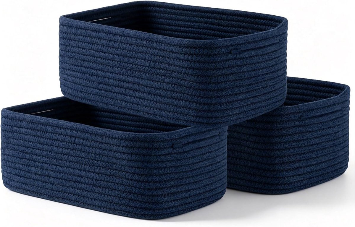 3 opbergmanden, gevlochten van katoenen touw, plankmanden voor het organiseren, speelgoedorganizer, mand opslag voor badkamer, badkamer, luiertafel, 30 x 20 x 11 cm (donkerblauw)