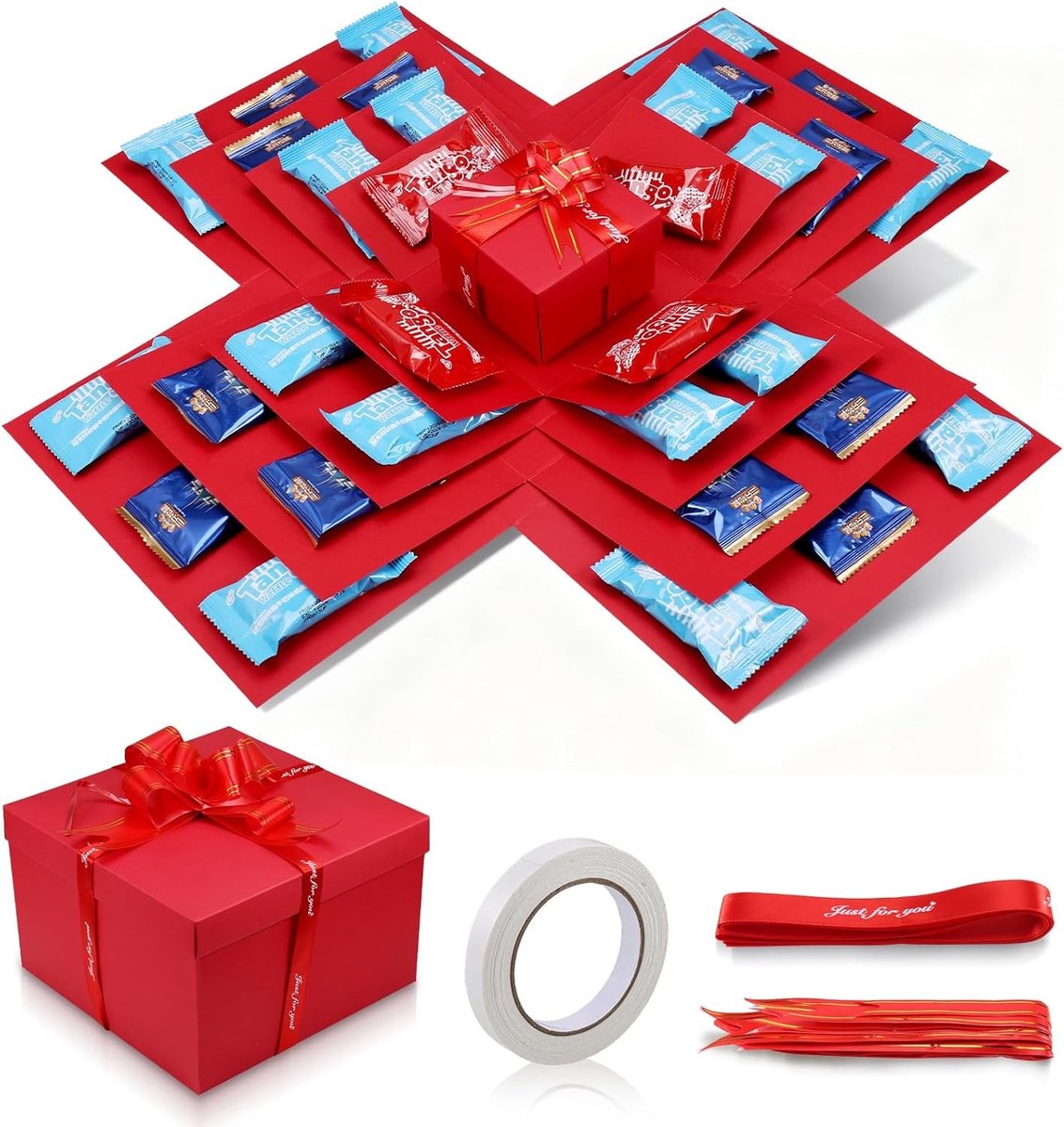 Creatieve 5-laagse explosie geschenkdoos, verrassingsdoos met lint en dubbelzijdige tape, DIY snackdoos voor verjaardag, Valentijnsdag en speciale gelegenheden, herbruikbaar en uniek
