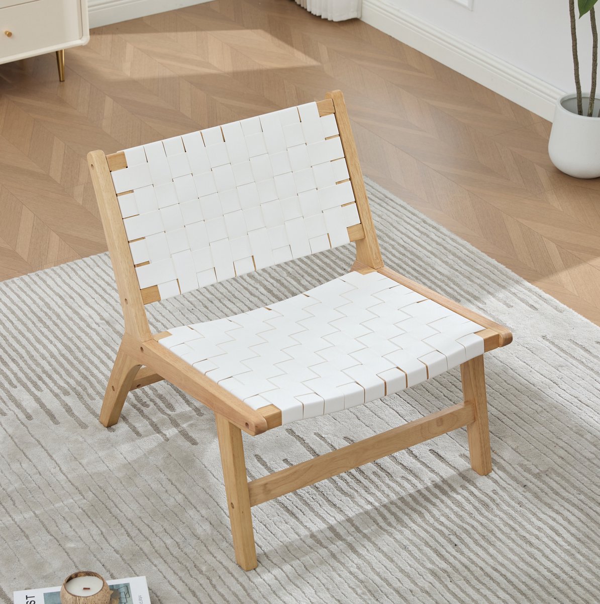 MIVRAY Fauteuil 66 cm - Modern Zonder Armleuningen met PU Vlechtwerk - Voor Woonkamer en Leeshoek - Houten Frame - Wit