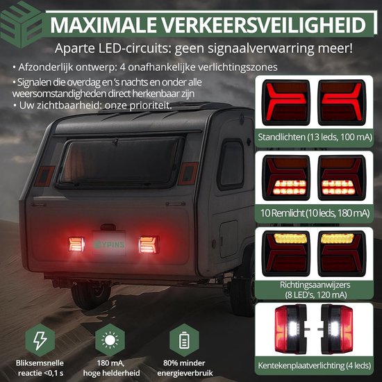 EYPINS 35 LED Rear Lights for Trailers, Wireless, IP67 Waterproof, 25cm Cable, 12V Tail Light Set for Trailers - ShopVlot — afbeelding 2