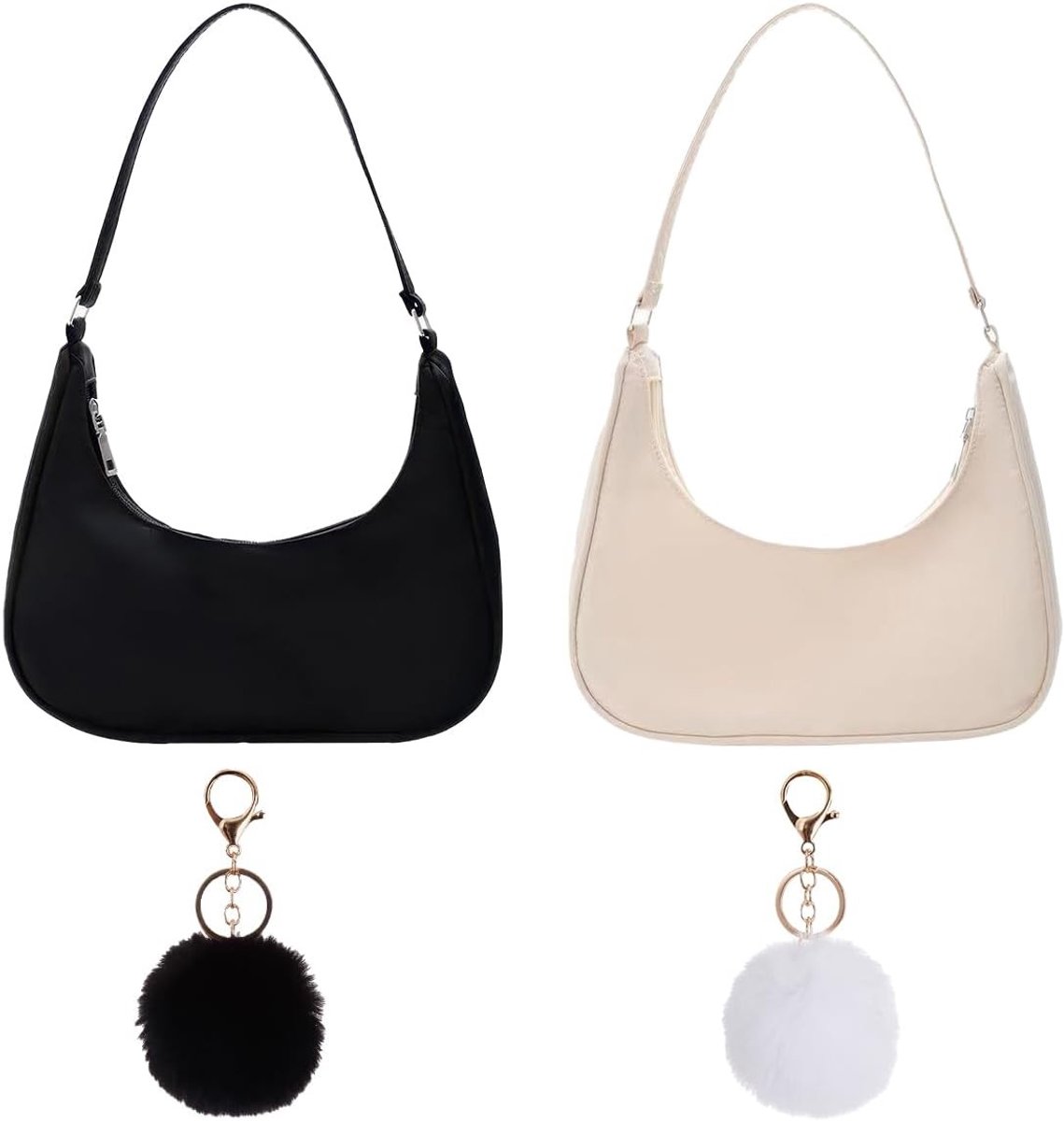 Retro schoudertas voor dames van nylon met pompon sleutelhanger - trendy en praktisch, perfect voor dagelijks gebruik