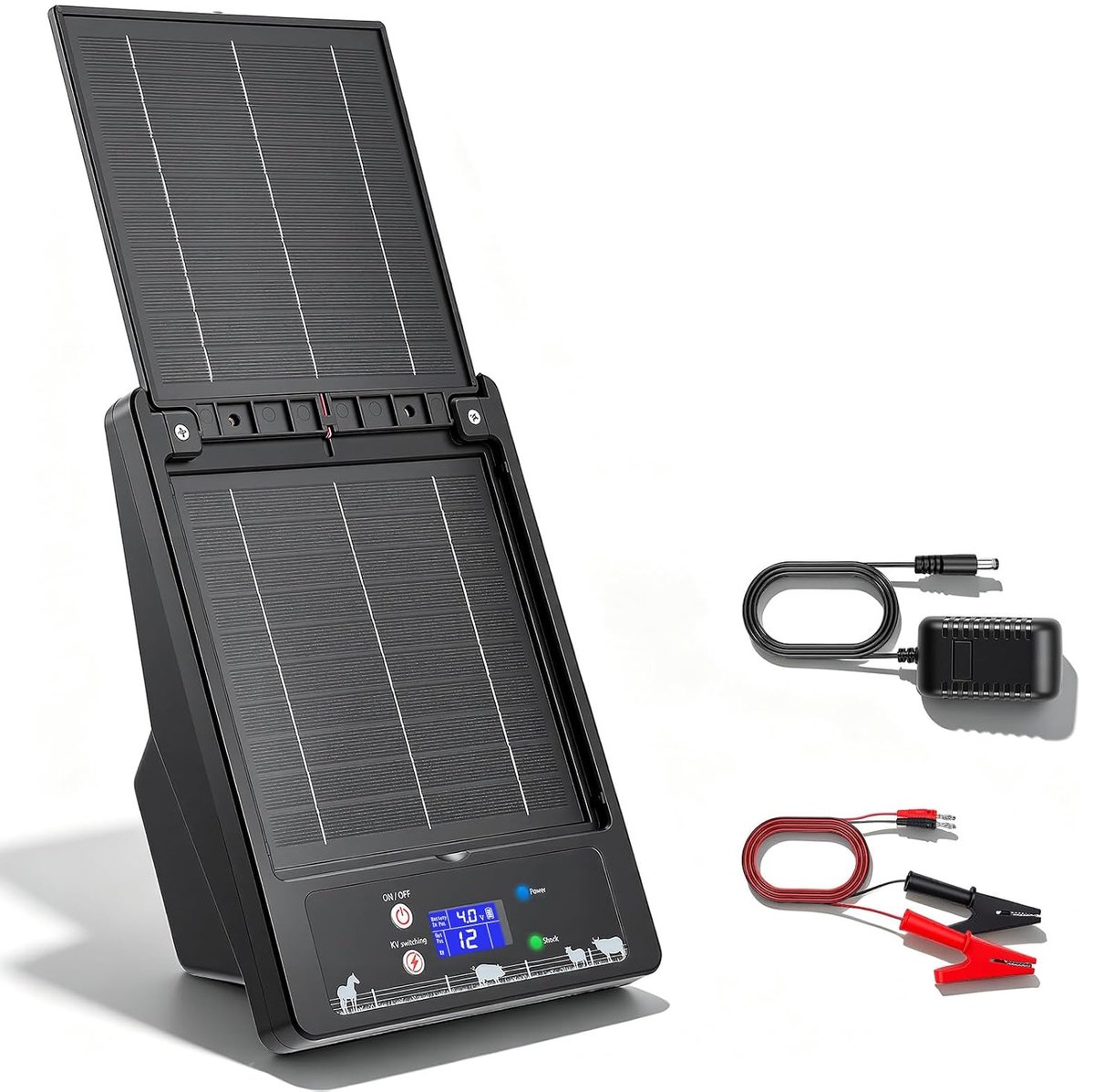 Solar Fencing Device with Foldable Double Solar Panel, 16 km Range, 0.3-2J, 6KV-12KV Adjustable, 18000mAh Lithium - ShopVlot