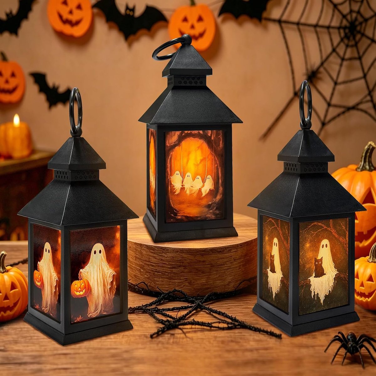3 stuks Halloween decoratieve lantaarn, Halloween decoratie outdoor lantaarn met ledkaars, Halloween decoratie binnen - ShopVlot