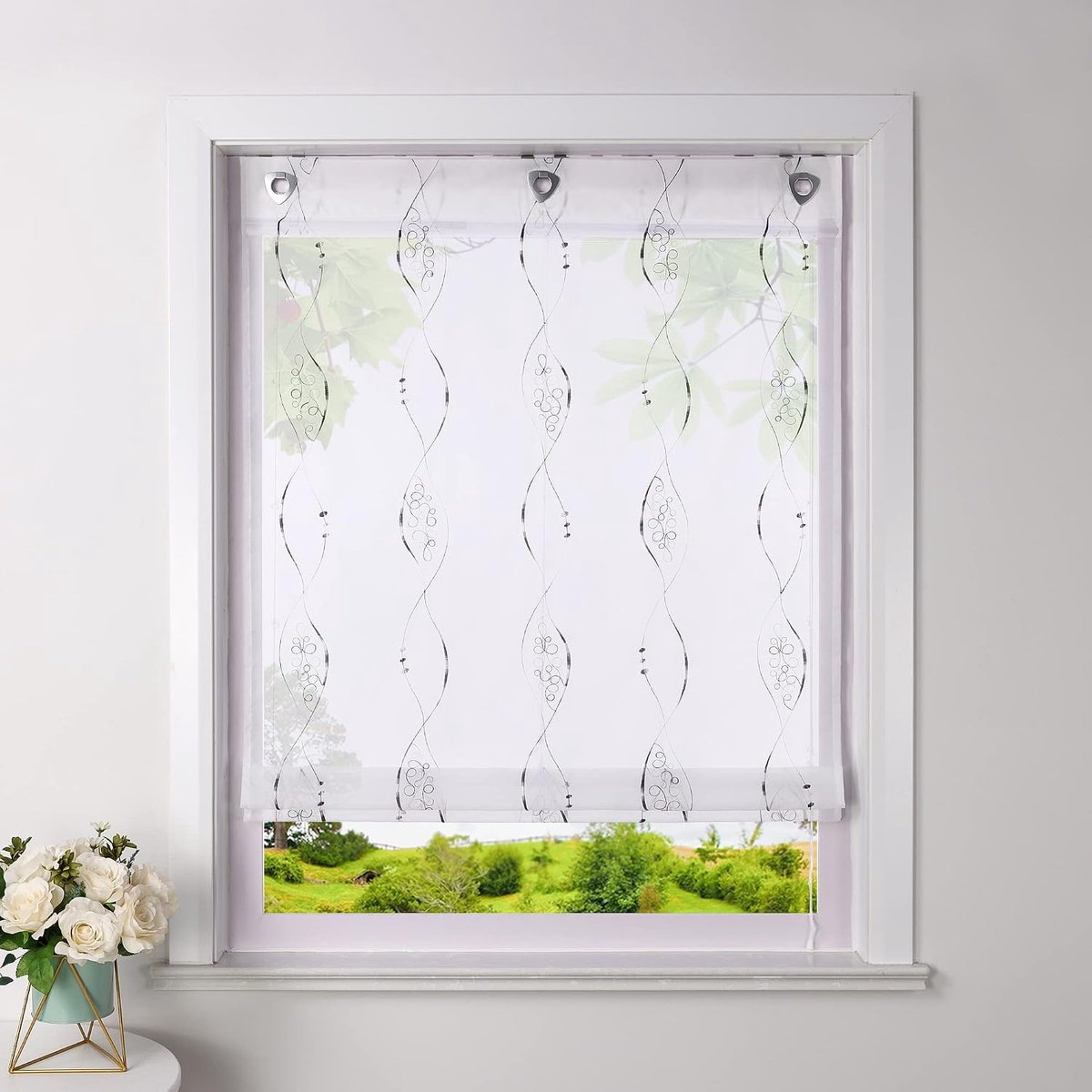 Vouwgordijn zonder boren Voile Raffgordijn met oogjes Transparant gordijn met haakophanging oogrolgordijn met modern borduurwerk grijs BxH 100x140cm