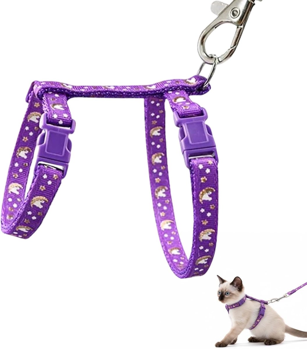 Kattenriem met harnas voor katten, anti-ontsnappingsbestendig kattenharnas met riem, verstelbare set in sterrendesign (paars)