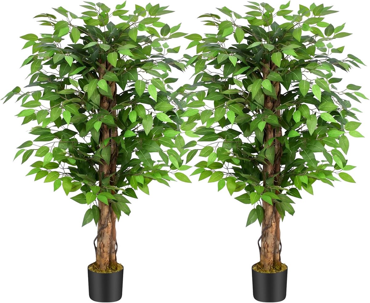 1,2 m Ficus kunstbomen met natuurlijke gebogen stammen, 48 inch hoge weelderige nepboom voor woondecoratie binnen, groene levensechte nep ficusboom kunstplanten (set van 2)