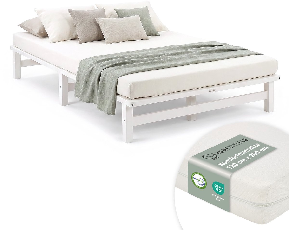 Homestyle4u Twijfelaarbedden - 120x200 cm - met Matras - Massief Houten Bed - Wit