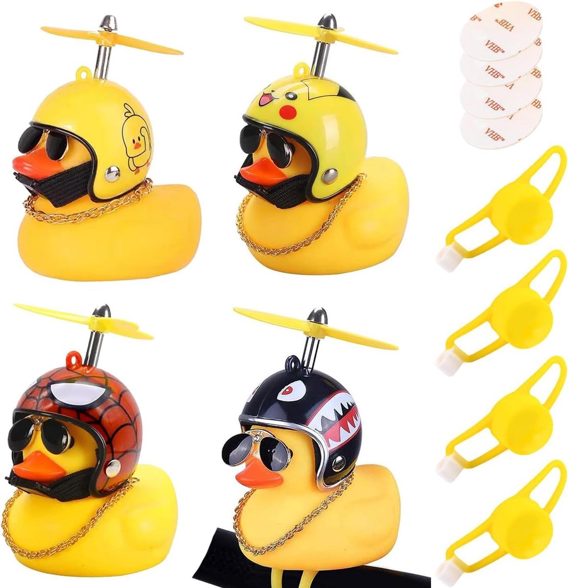 SnelShoppen - 4 Stuks Gele Rubber Eend Auto Ornamenten - Mini Duck Dashboard Decoraties met Propeller Helm en Bevestigingsriem voor Auto en Fiets Acce
