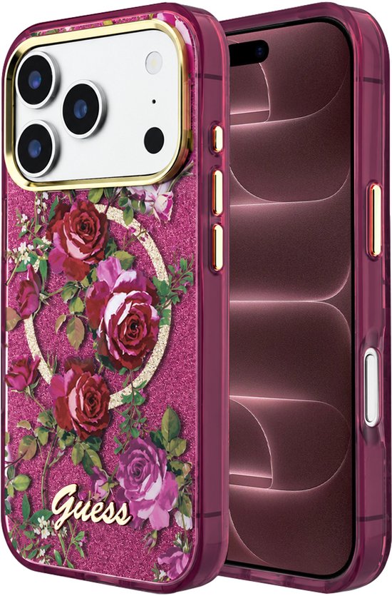 Coque iPhone Guess bordeaux avec imprimé floral, anneau pailleté et logo doré.
